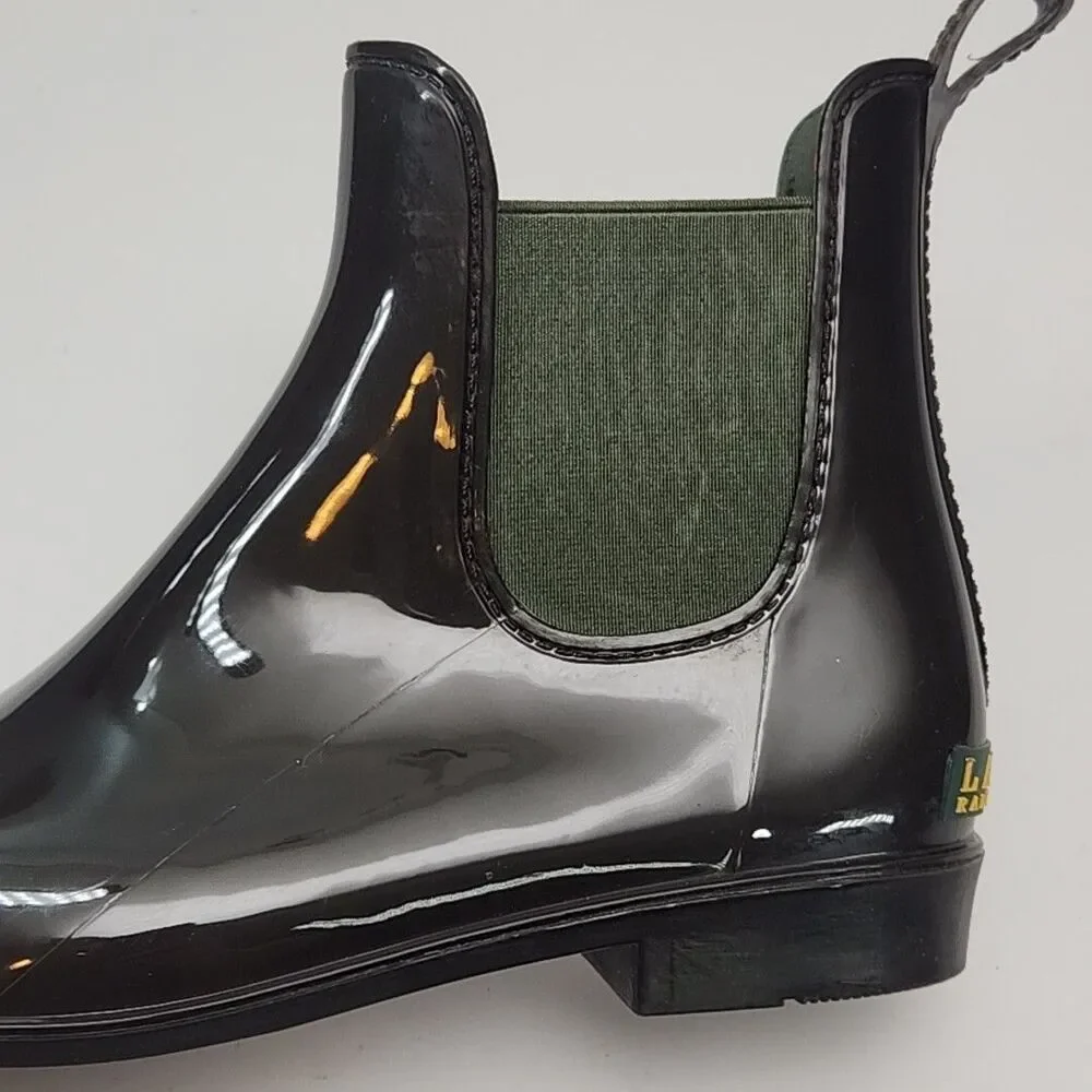 Ralph Lauren Rubber Boot Tally-Bo-Rai Rain Ankle Women Sz 11 Brown Green Shoe